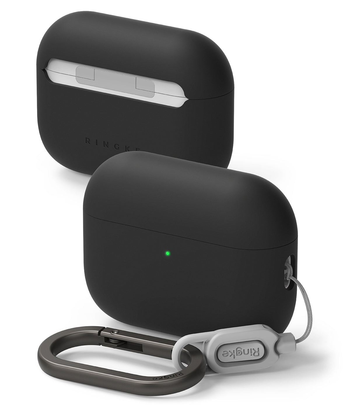 AirPods Pro 3 Case | Silicone - Matte black silicone case for AirPods Pro 3 with a carabiner and gray lanyard attachment.