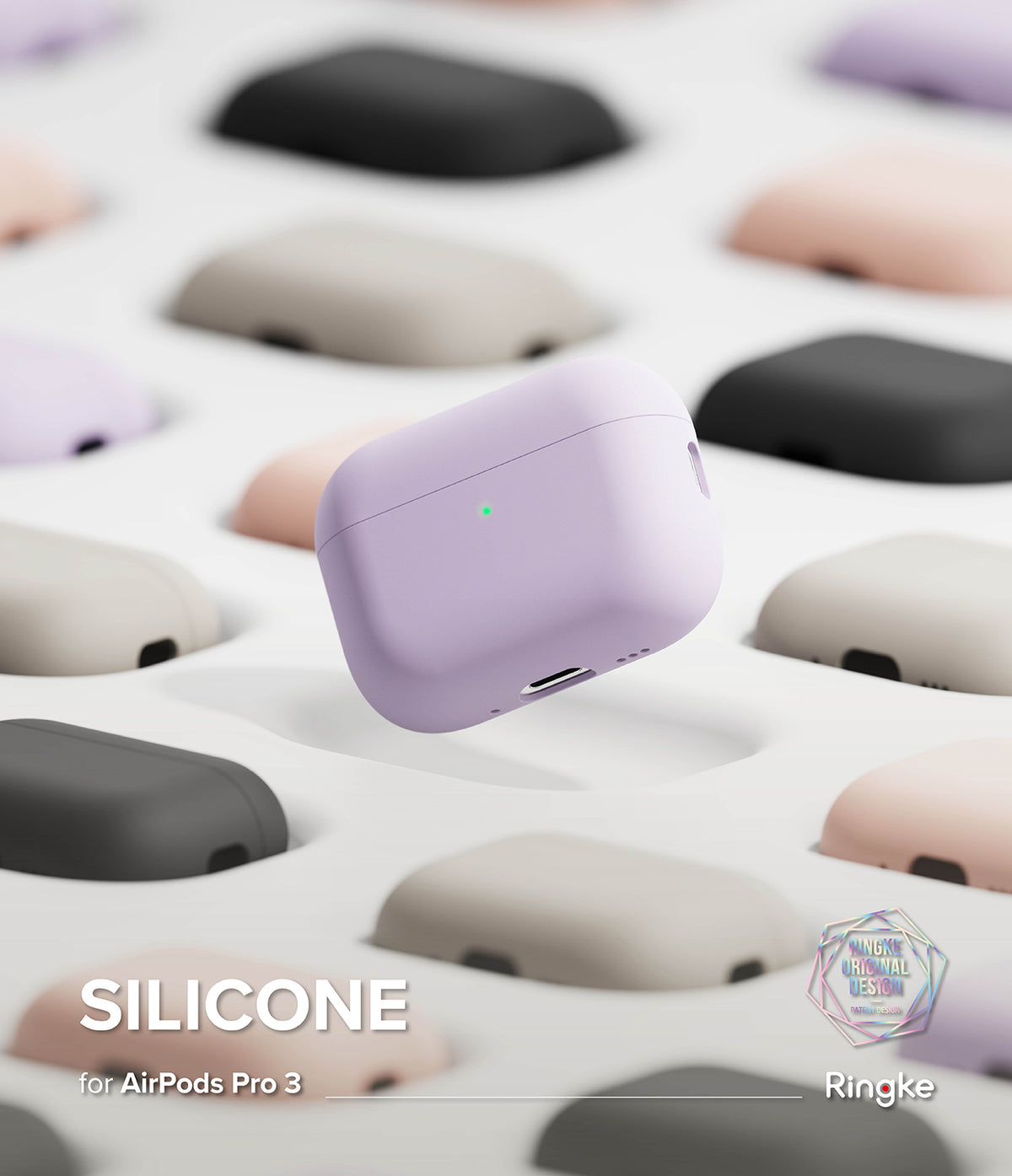 AirPods Pro 3 Case | Silicone - A lavender silicone AirPods Pro 3 case floating above a grid of various colored cases.