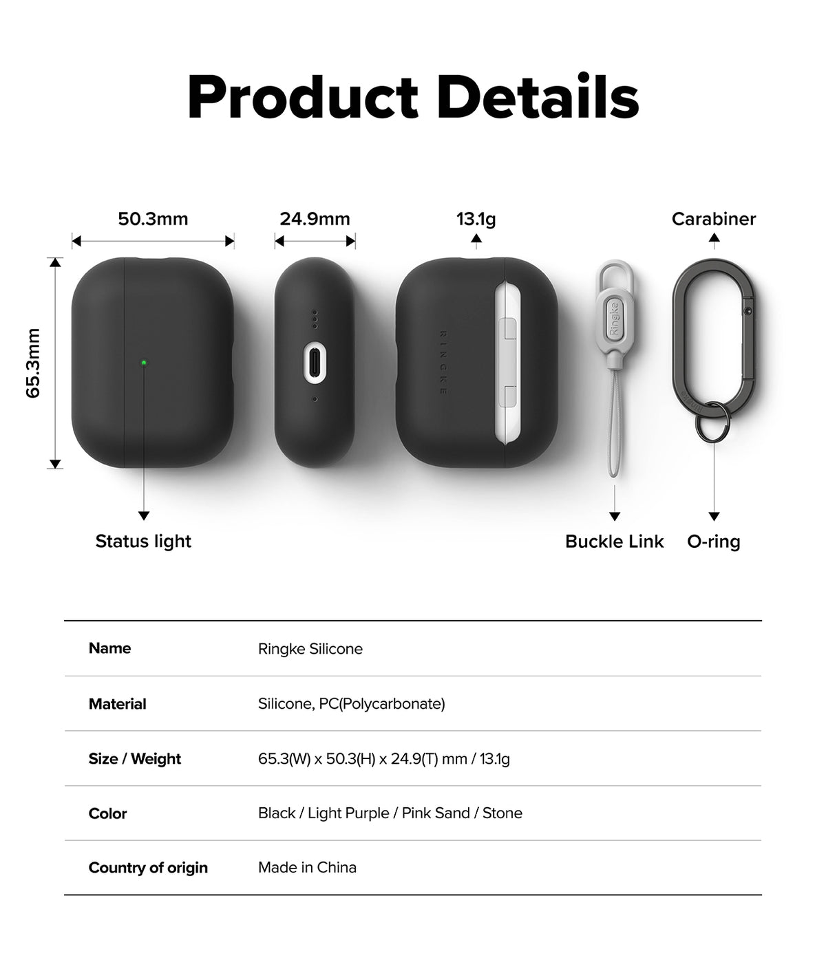 AirPods Pro 3 Case | Silicone - Technical diagram showing dimensions, components, and specifications of a black silicone case.