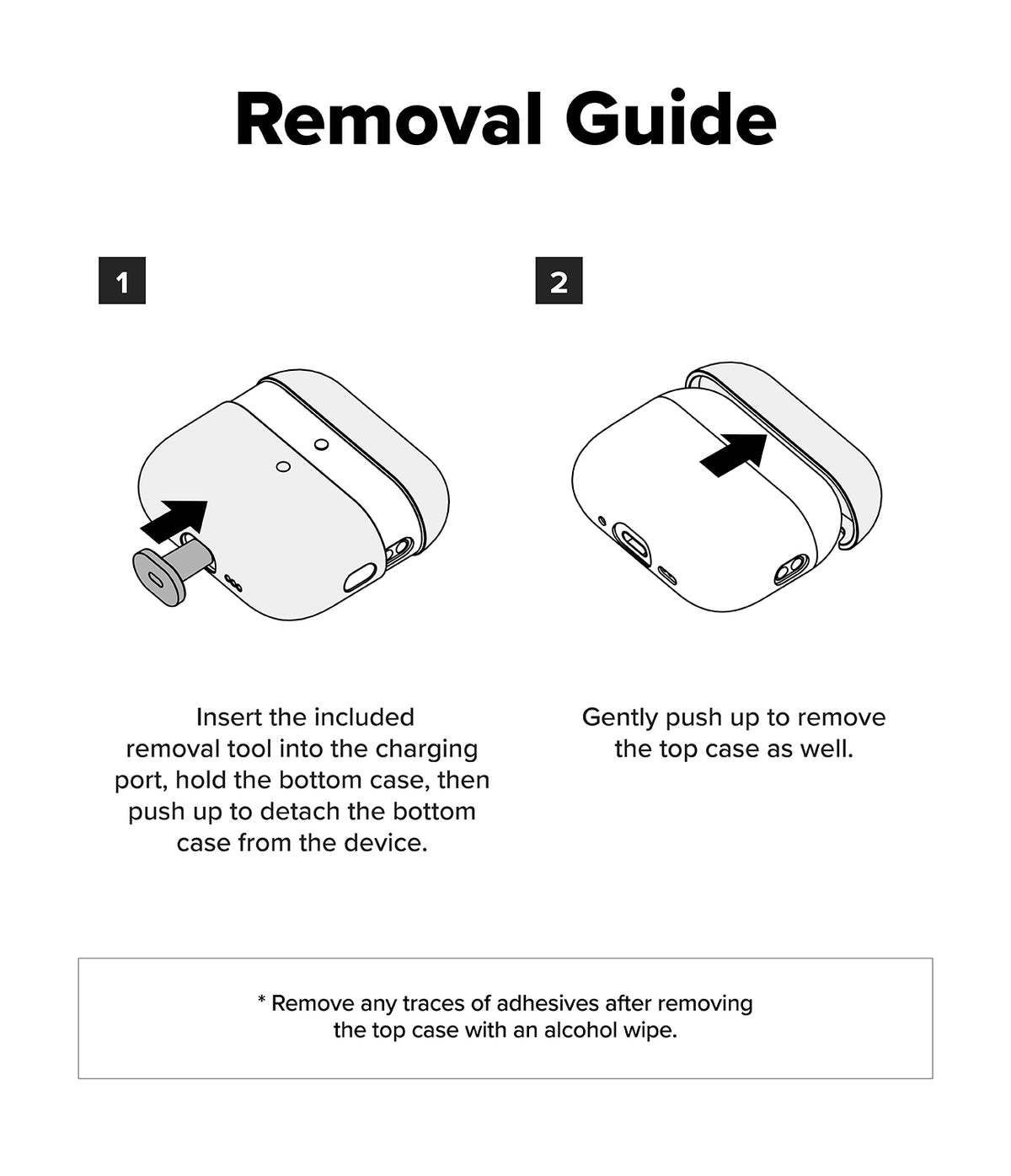 AirPods Pro 3 Case | Silicone - Two-step diagram showing how to remove the silicone case using a tool and pushing upward.