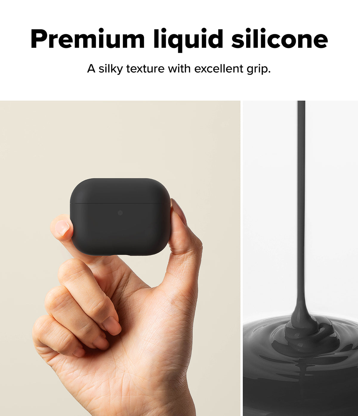 AirPods Pro 3 Case | Silicone - AirPods Pro 3 Case - Hand holding a black silicone case next to a stream of liquid silicone.