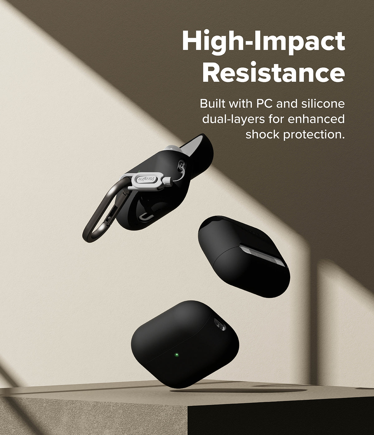 AirPods Pro 3 Case | Silicone - Three black protective cases floating against a beige background with text overlay.