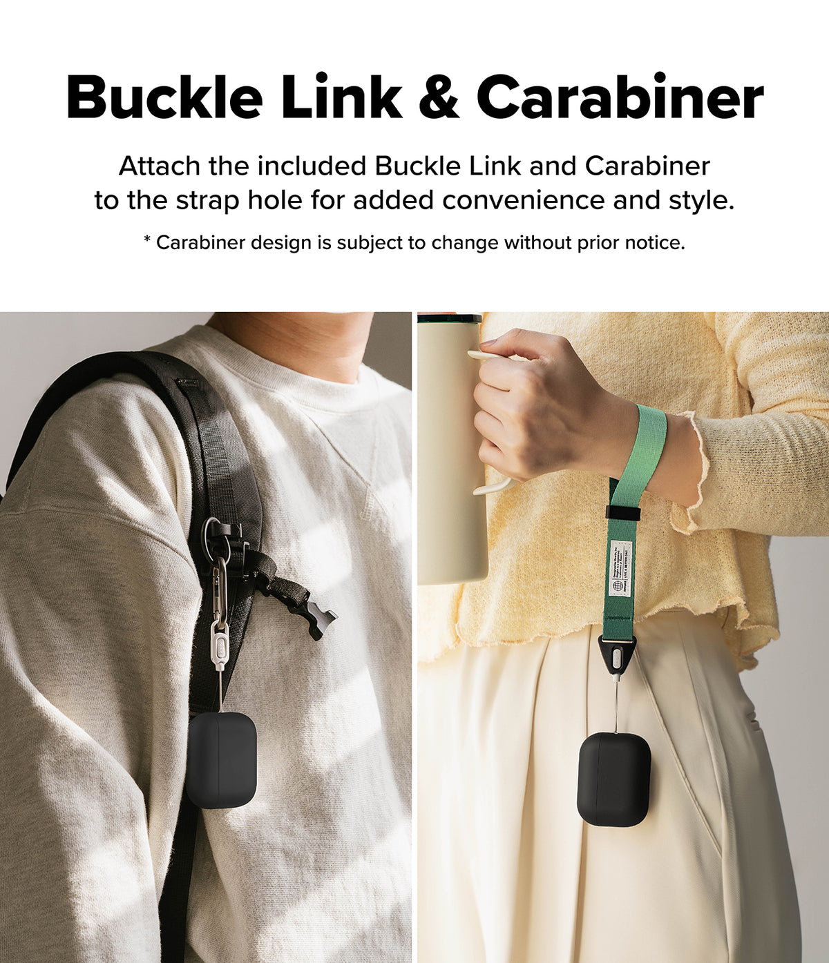 AirPods Pro 3 Case | Silicone - Black silicone case attached to a backpack via carabiner and a wrist strap.