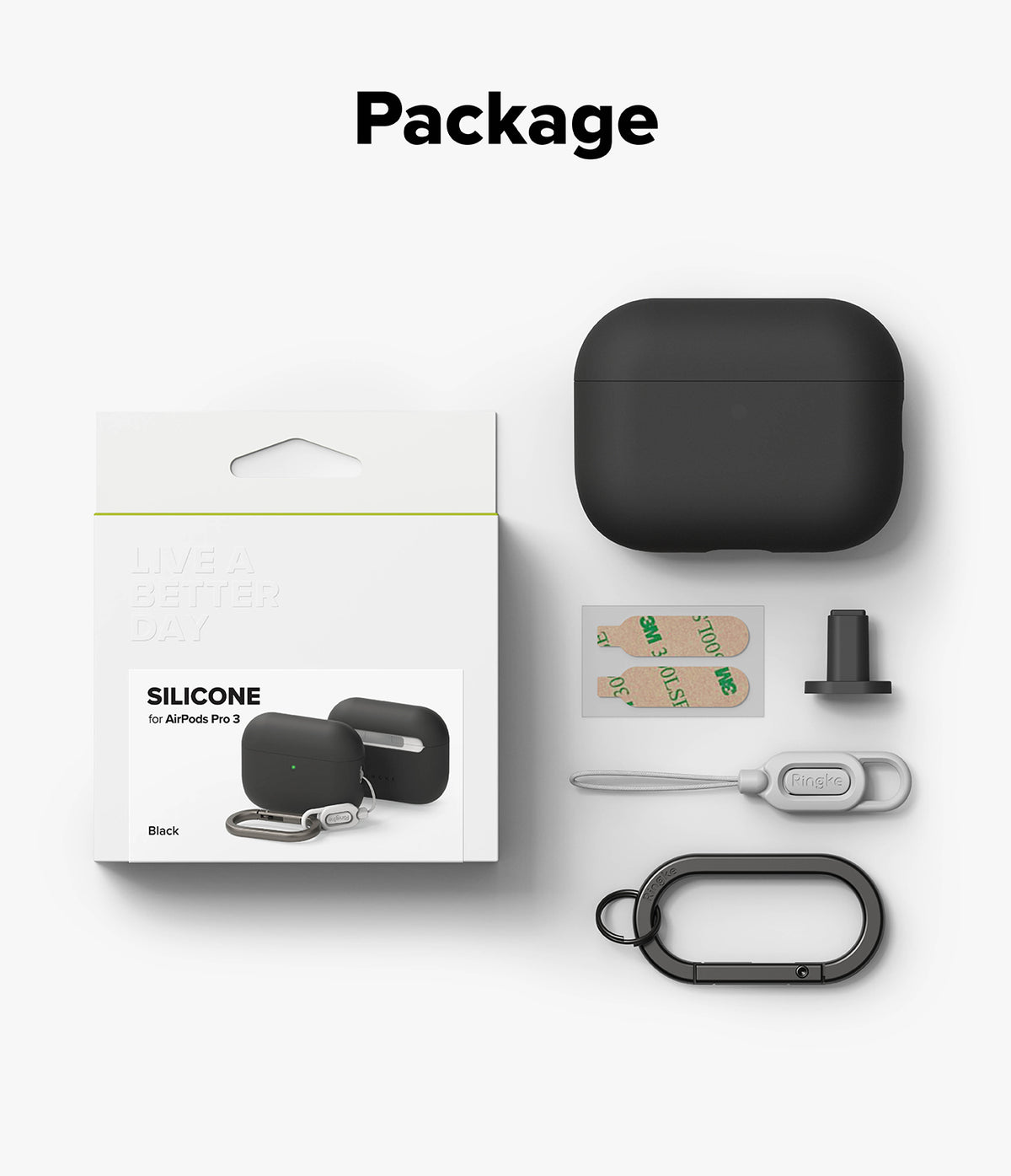 AirPods Pro 3 Case | Silicone - Package contents including black silicone case, adhesive strips, lanyard, and carabiner.