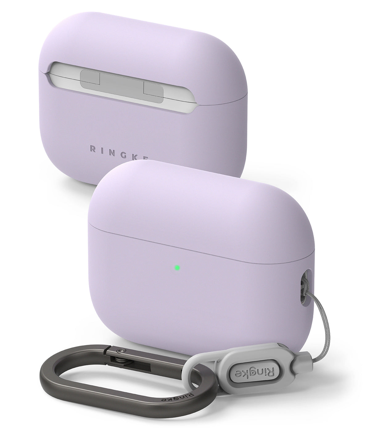 AirPods Pro 3 Case | Silicone - Two lavender silicone cases for AirPods Pro 3 with a grey carabiner and lanyard attachment.