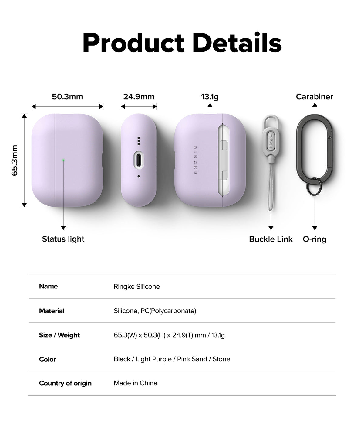 AirPods Pro 3 Case | Silicone - Technical diagram showing dimensions, weight, and components of a light purple silicone case.