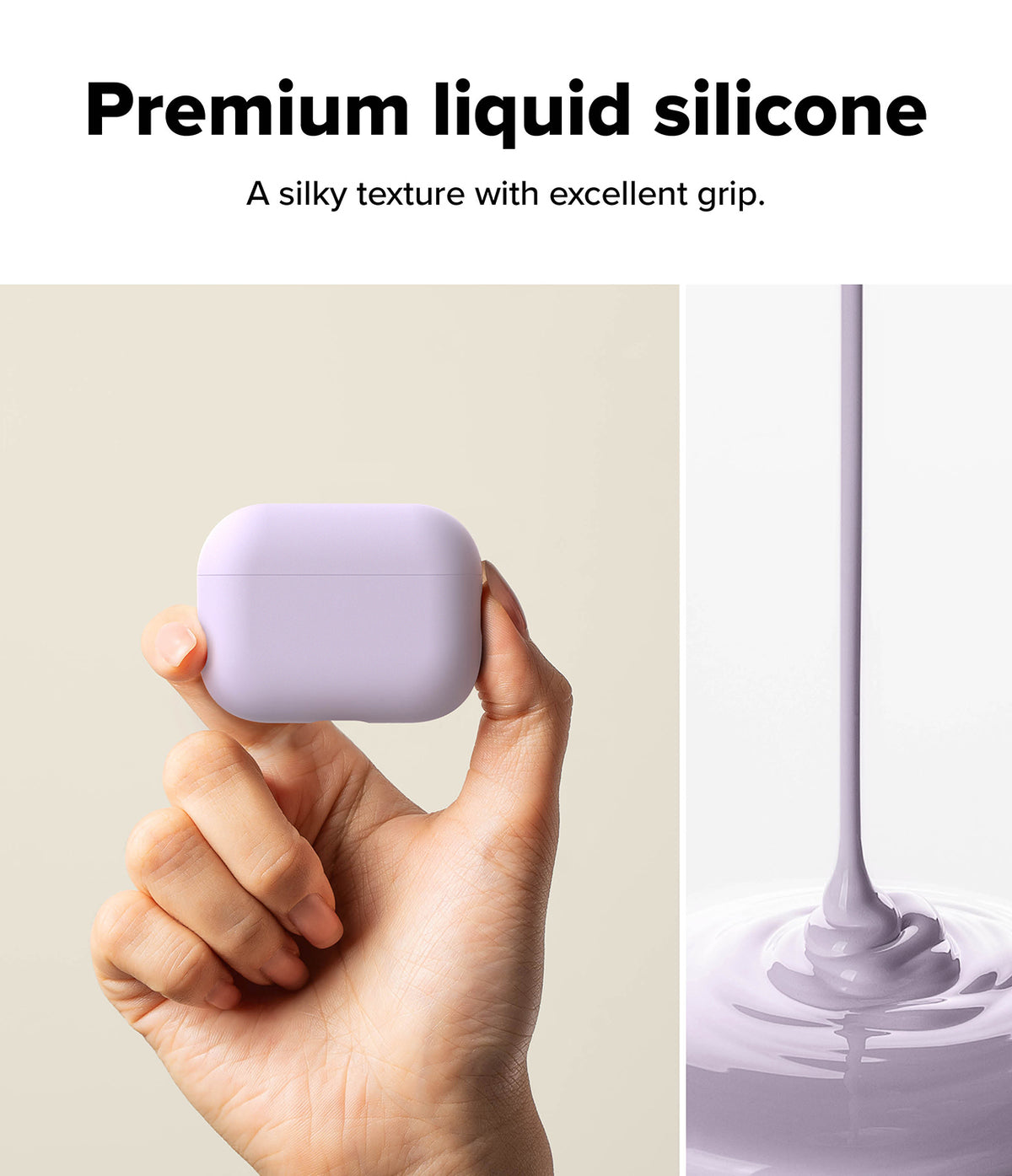 AirPods Pro 3 Case | Silicone - Hand holding a lavender silicone AirPods case next to liquid silicone being poured.