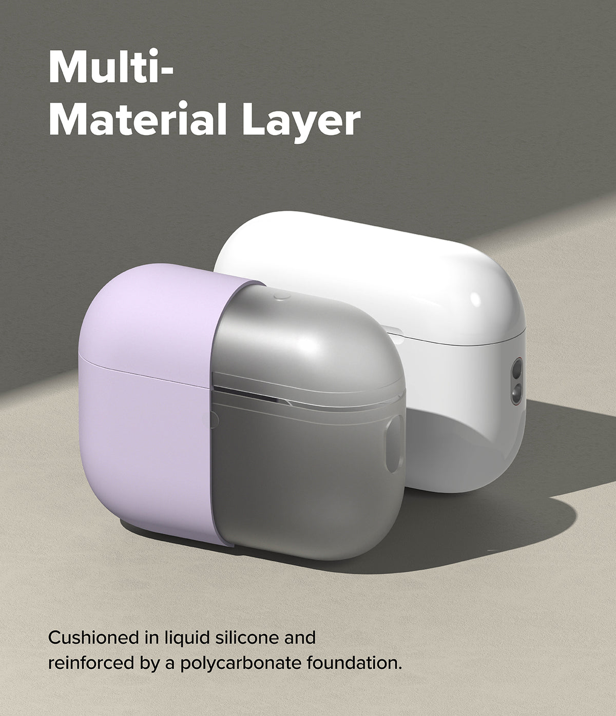 AirPods Pro 3 Case | Silicone - A lavender silicone case partially covering a grey polycarbonate AirPods Pro 3 shell.