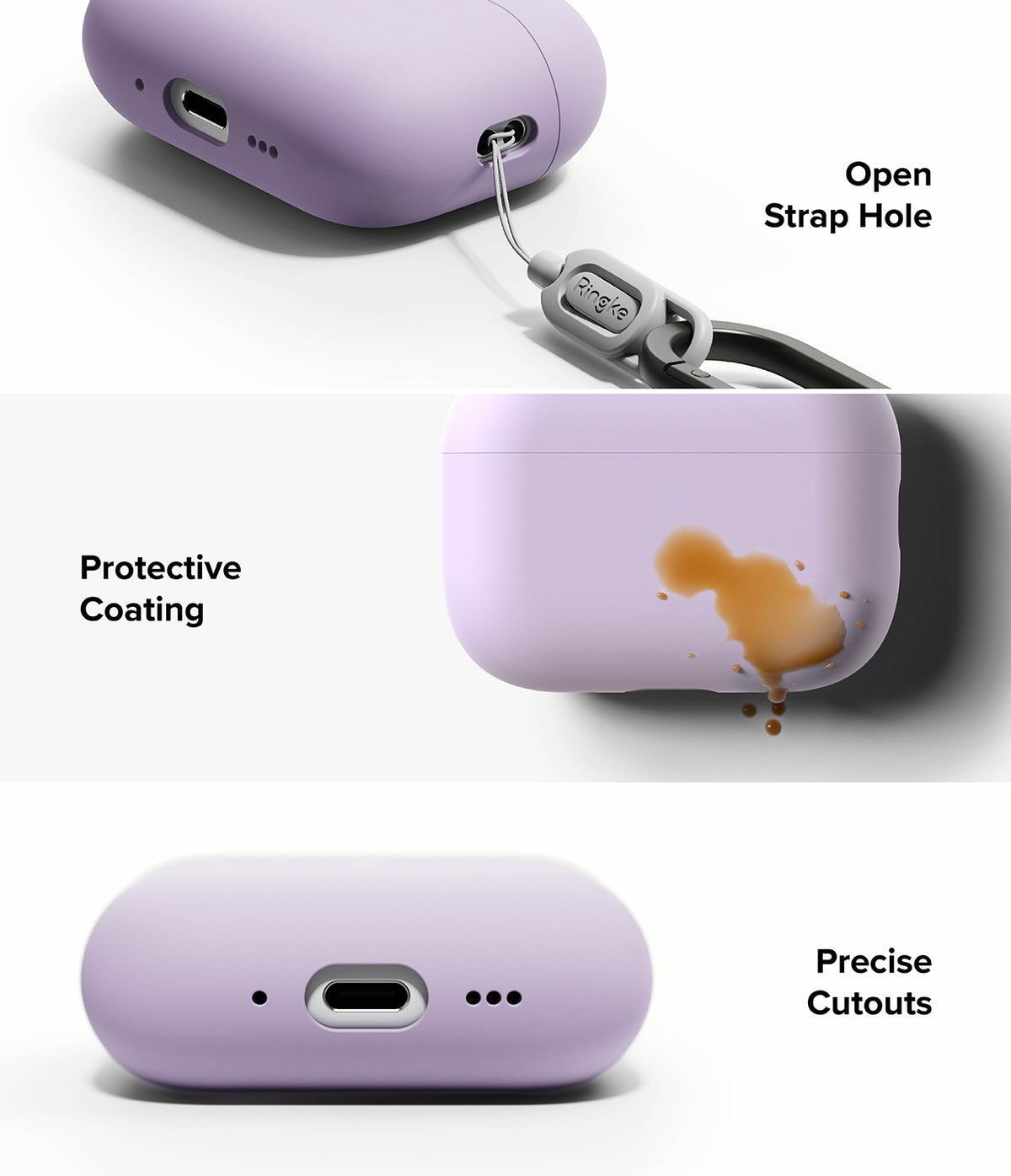 AirPods Pro 3 Case | Silicone - Lavender case showing strap hole, liquid-repellent coating, and precise charging port cutouts.