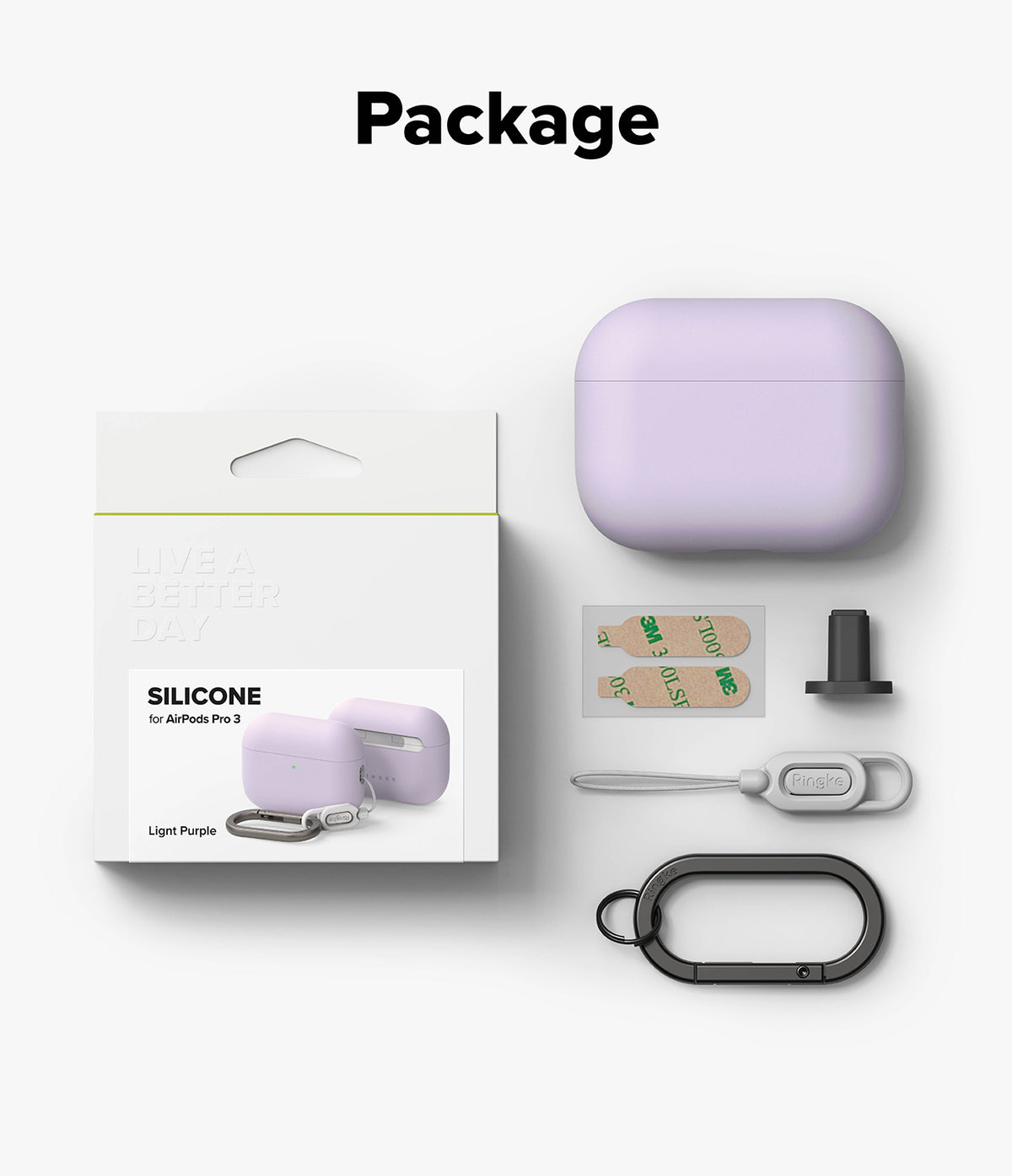 AirPods Pro 3 Case | Silicone - Light purple silicone case, retail box, adhesive strips, plug, lanyard, and carabiner.