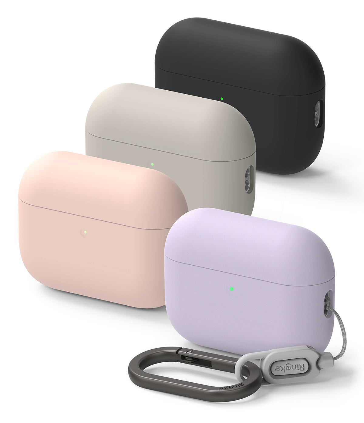 AirPods Pro 3 Case | Silicone - Four matte silicone AirPods Pro 3 cases in black, beige, pink, and purple with a carabiner.