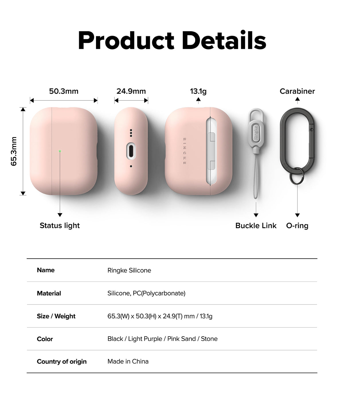 AirPods Pro 3 Case | Silicone - Technical diagram showing dimensions, weight, and components of a pink silicone case.