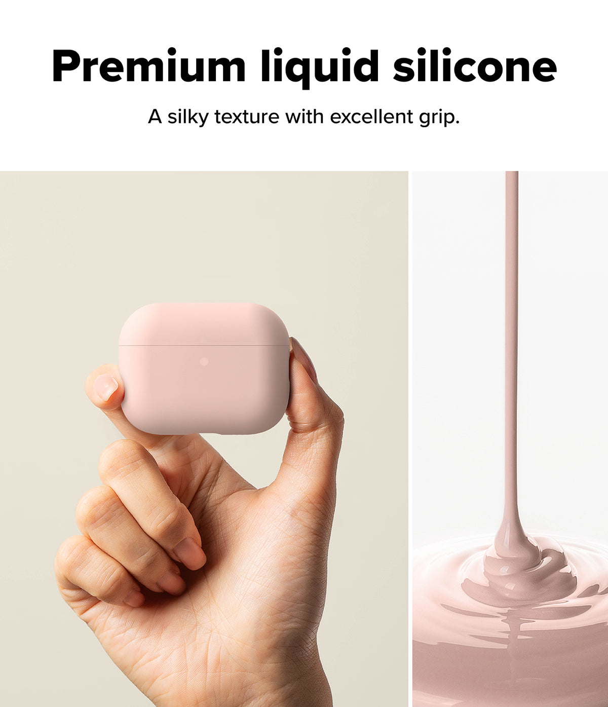 AirPods Pro 3 Case | Silicone - A hand holding a pink silicone AirPods Pro case next to liquid silicone pouring into a pool.