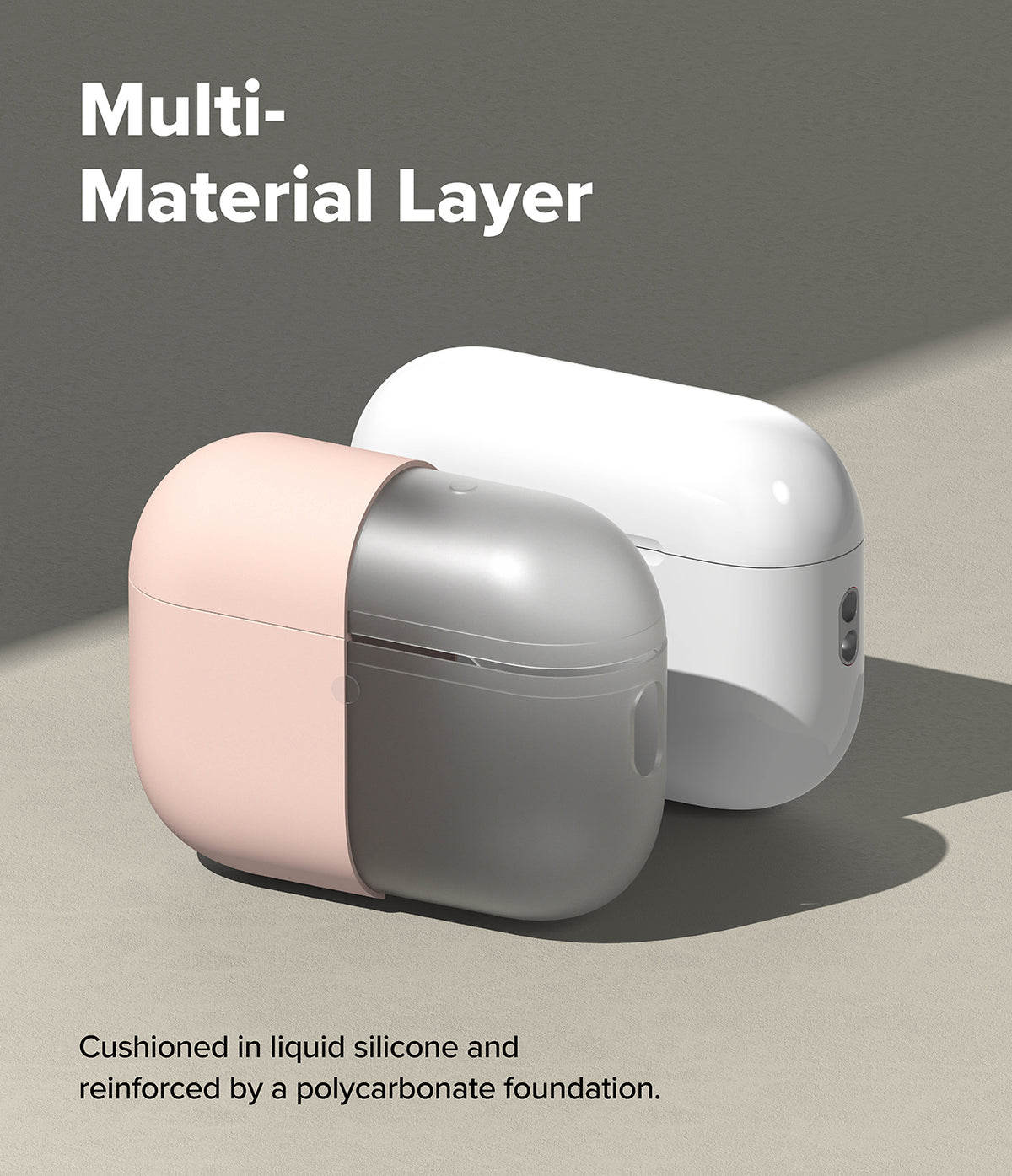 AirPods Pro 3 Case | Silicone - A pink silicone case partially covering a translucent polycarbonate AirPods Pro 3 shell.