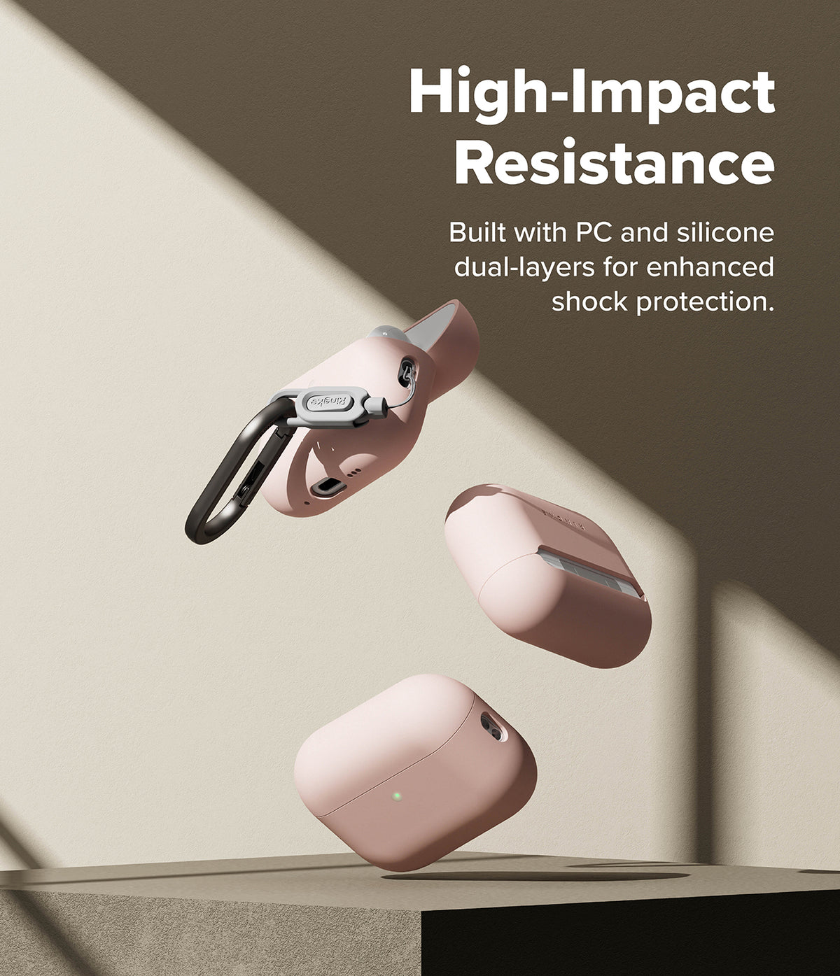 AirPods Pro 3 Case | Silicone - Three light pink silicone cases floating against a beige background with text.