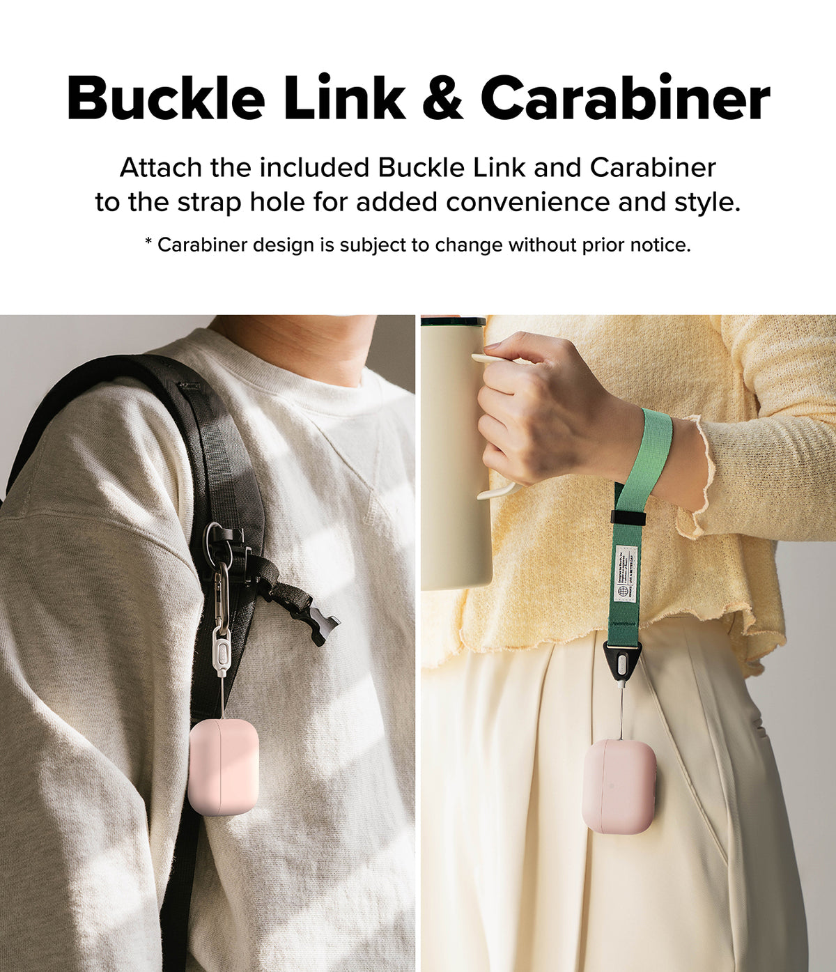 AirPods Pro 3 Case | Silicone - Pink case attached to a backpack via carabiner and to a wrist strap held by a person.