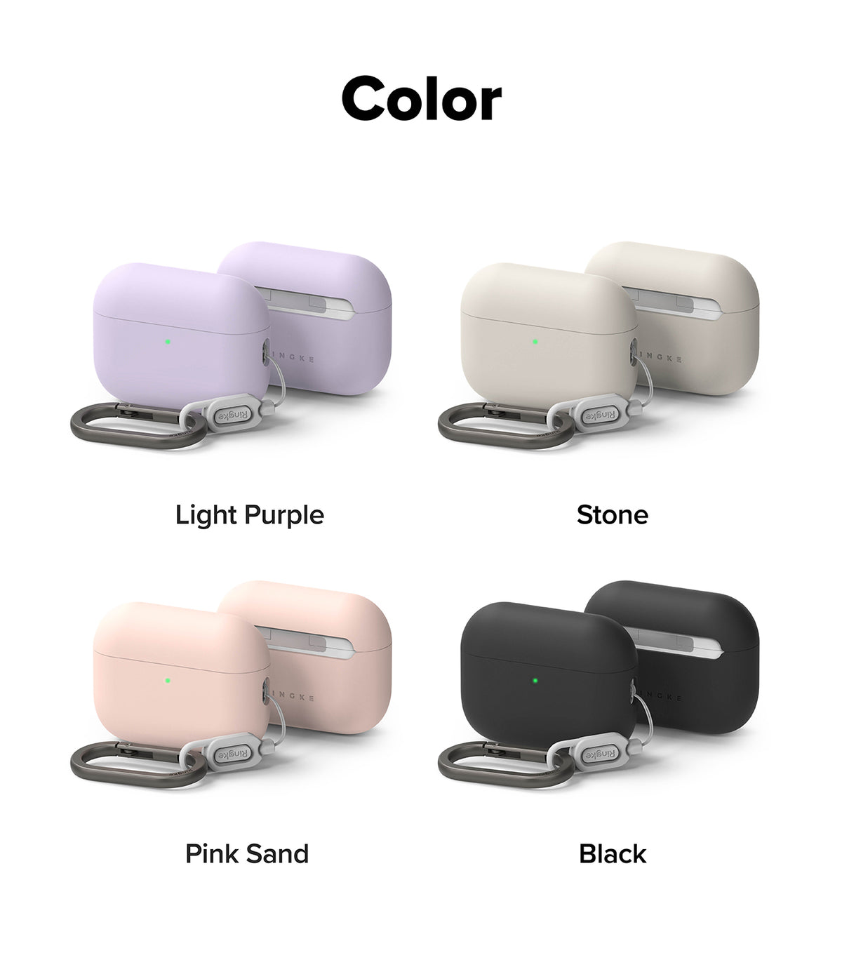 AirPods Pro 3 Case | Silicone - Four silicone AirPods Pro 3 cases in light purple, stone, pink sand, and black with carabiners.