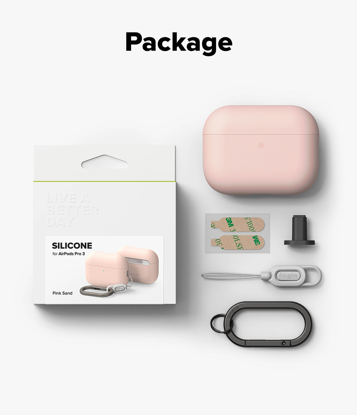 AirPods Pro 3 Case | Silicone - Packaging, pink silicone case, adhesive strips, strap, and black carabiner on white.