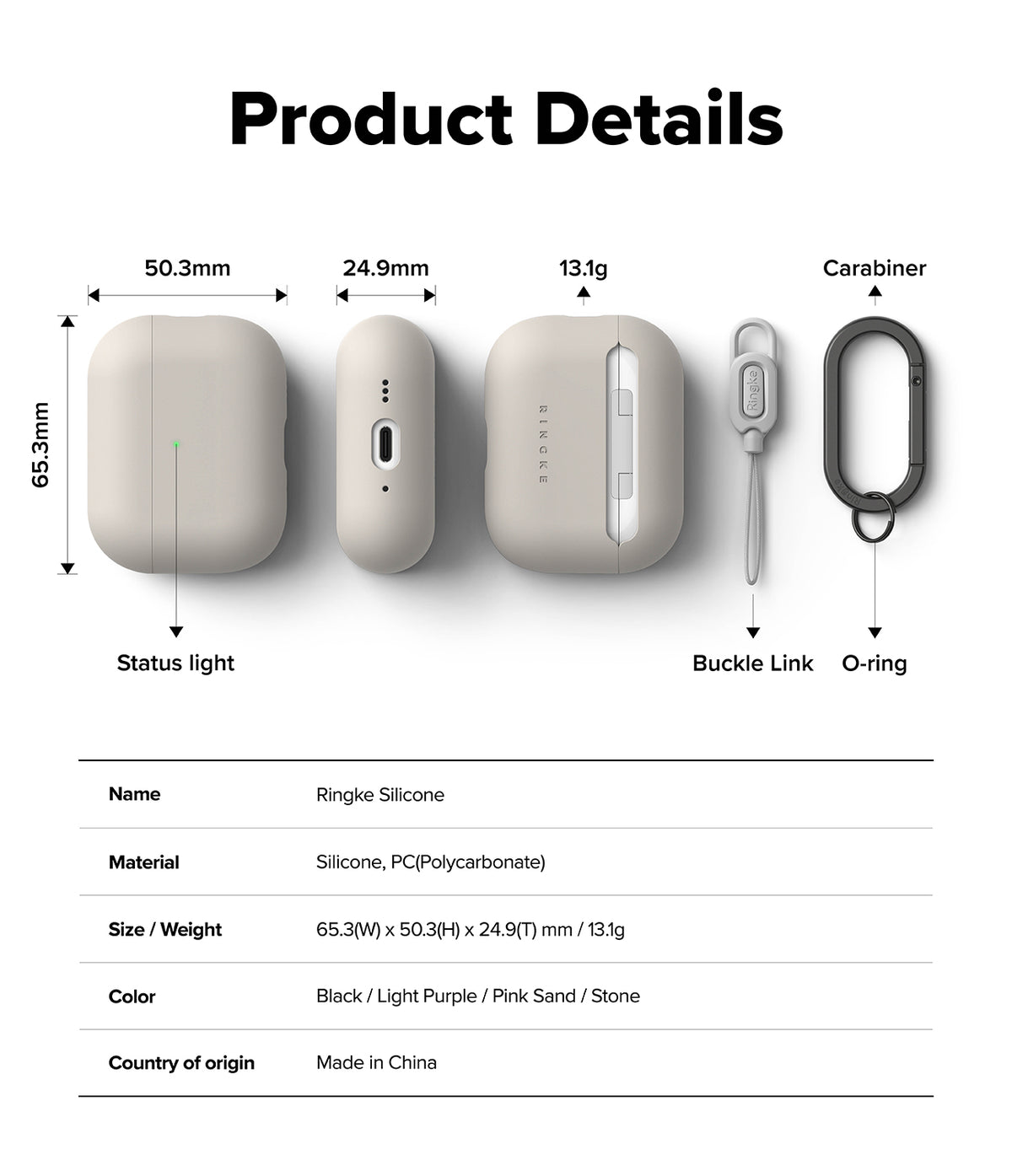 AirPods Pro 3 Case | Silicone - Technical diagram showing dimensions, weight, and components of a beige silicone case.