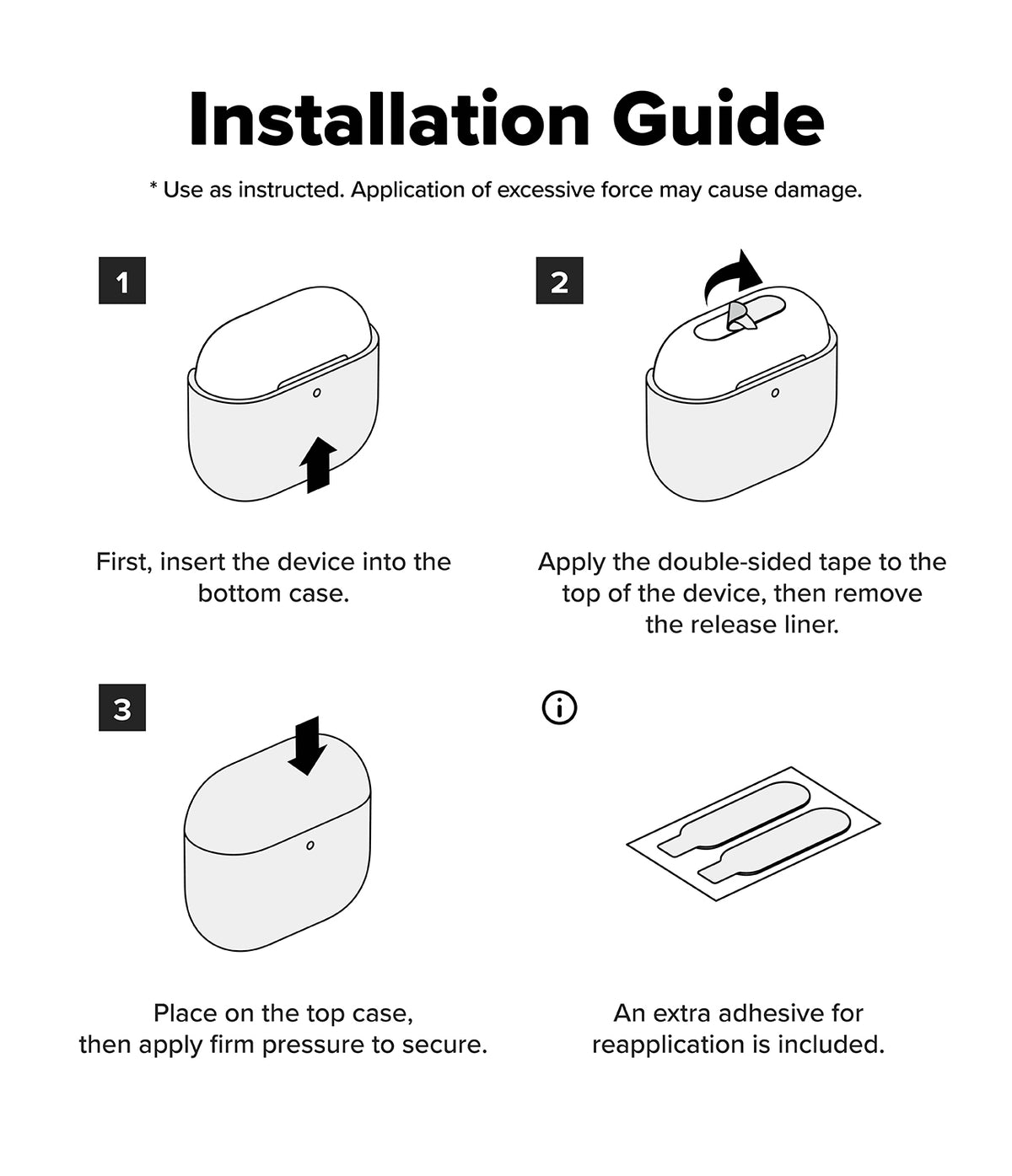 AirPods Pro 3 Case | Silicone - Three-step illustrated guide showing how to install a silicone case onto an AirPods Pro 3.