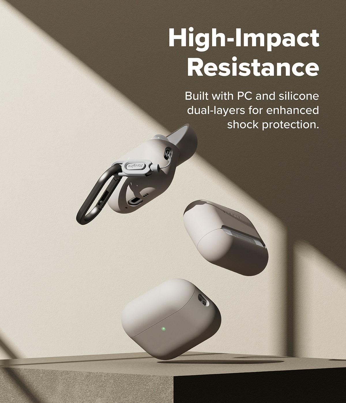 AirPods Pro 3 Case | Silicone - Three beige silicone cases floating against a beige wall with text about impact resistance.