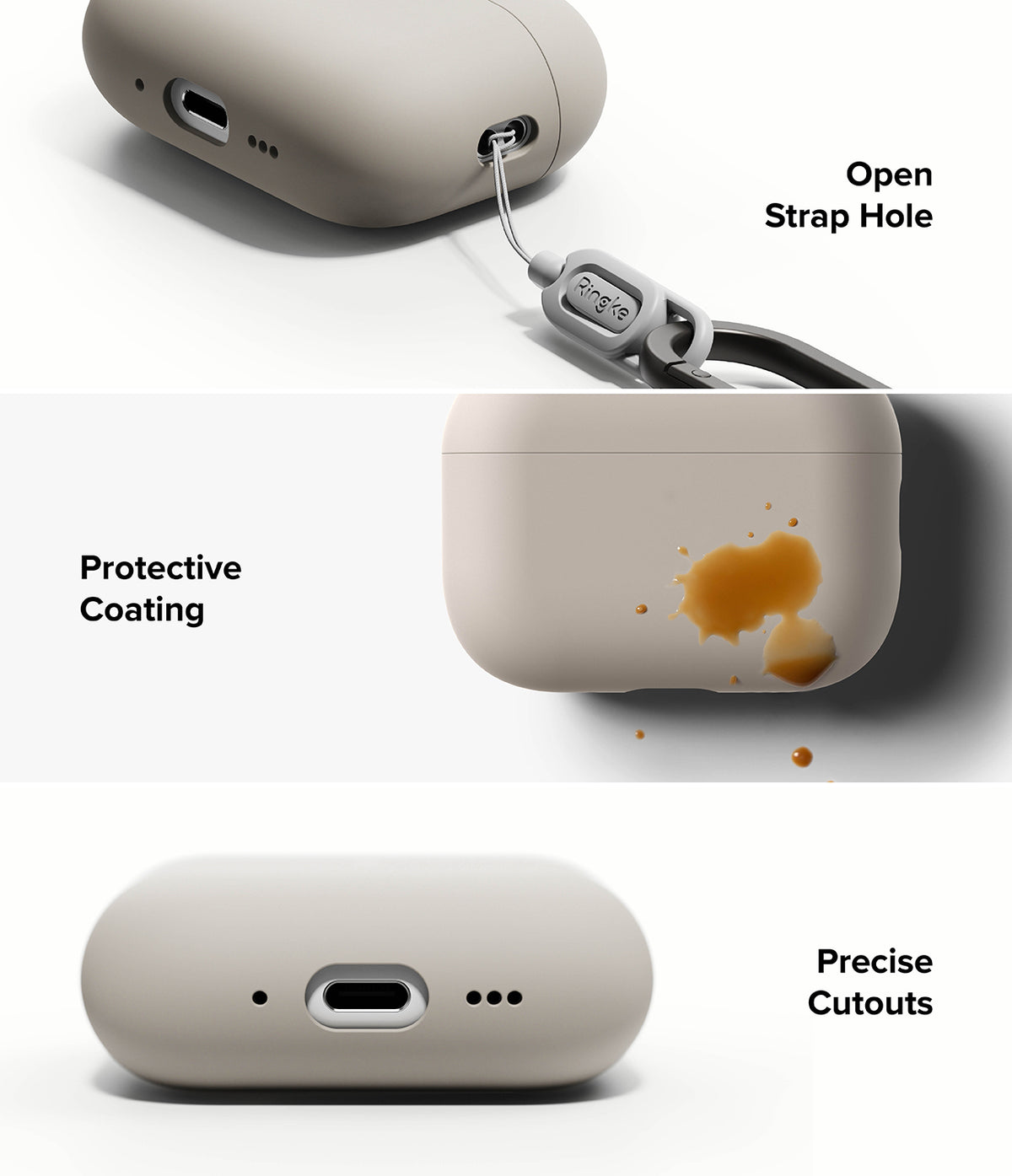 AirPods Pro 3 Case | Silicone - Beige case showing strap hole, liquid-repellent coating, and precise charging port cutouts.