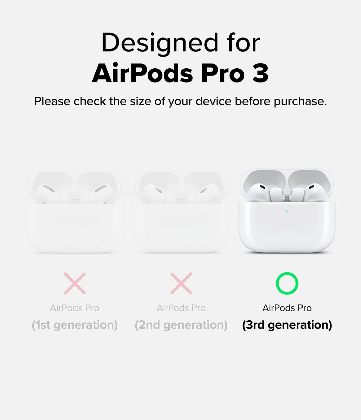 AirPods Pro 3 Case | Silicone - AirPods Pro 3 Case - Comparison chart showing AirPods Pro 3 is the only compatible model with a green checkmark.
