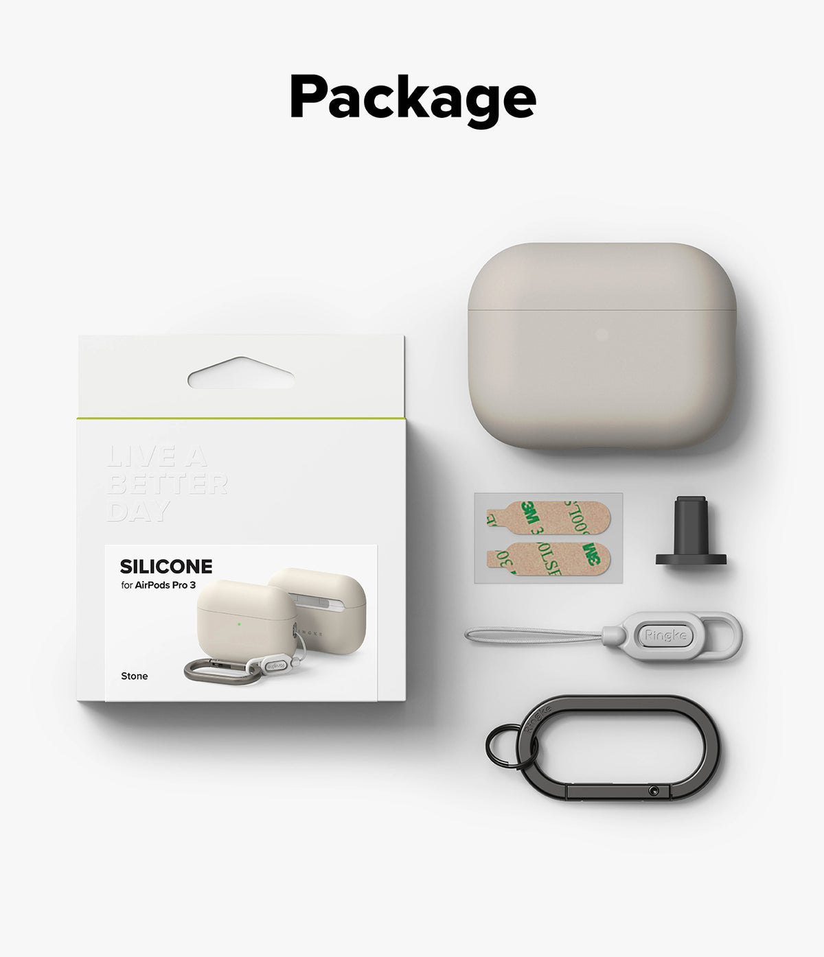AirPods Pro 3 Case | Silicone - Packaging contents including stone silicone case, adhesive strips, lanyard, and carabiner.