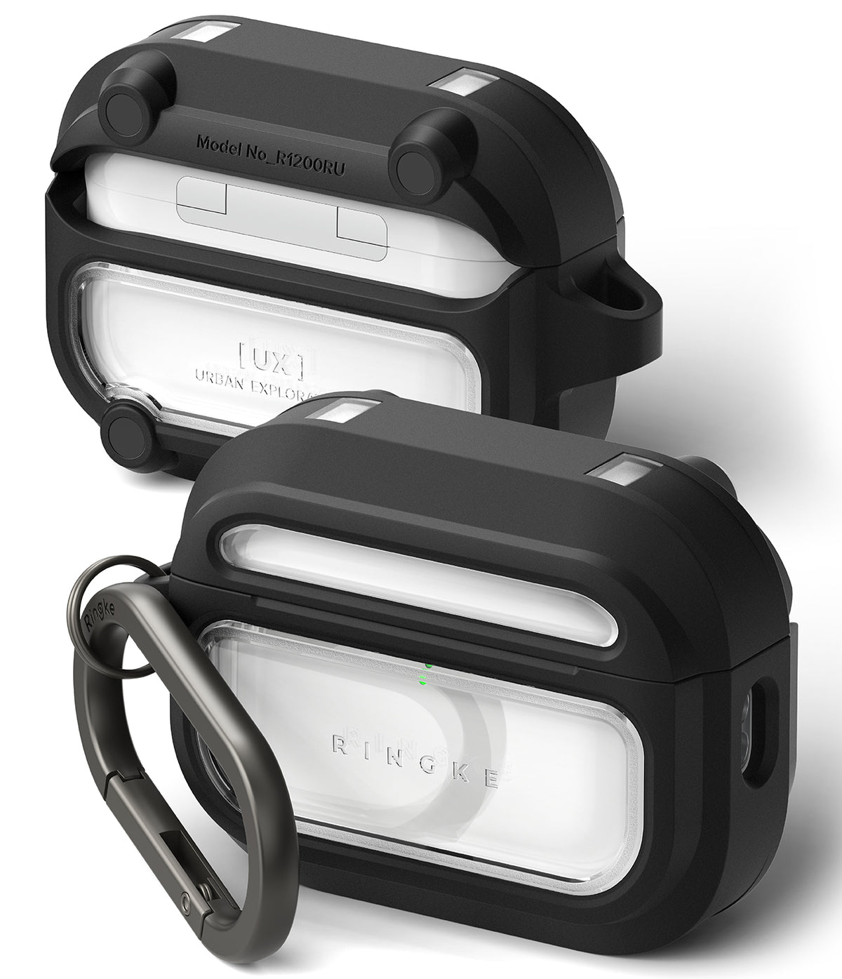 AirPods Pro 3 Case | UX Magnetic - Two rugged black protective cases for AirPods Pro with clear windows and a carabiner.