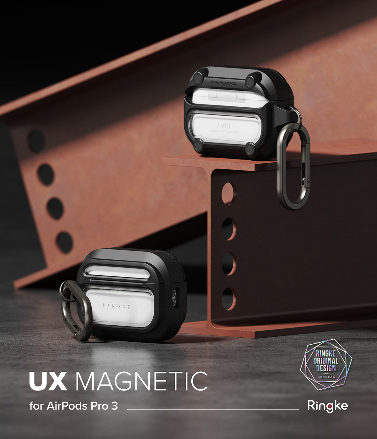 AirPods Pro 3 Case | UX Magnetic - Two black rugged protective cases with carabiners displayed on industrial steel beams.