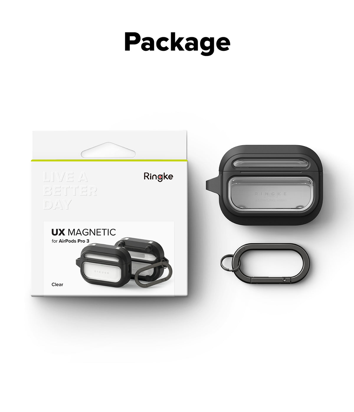 AirPods Pro 3 Case | UX Magnetic - Retail packaging, black protective case, and matching carabiner for AirPods Pro 3.