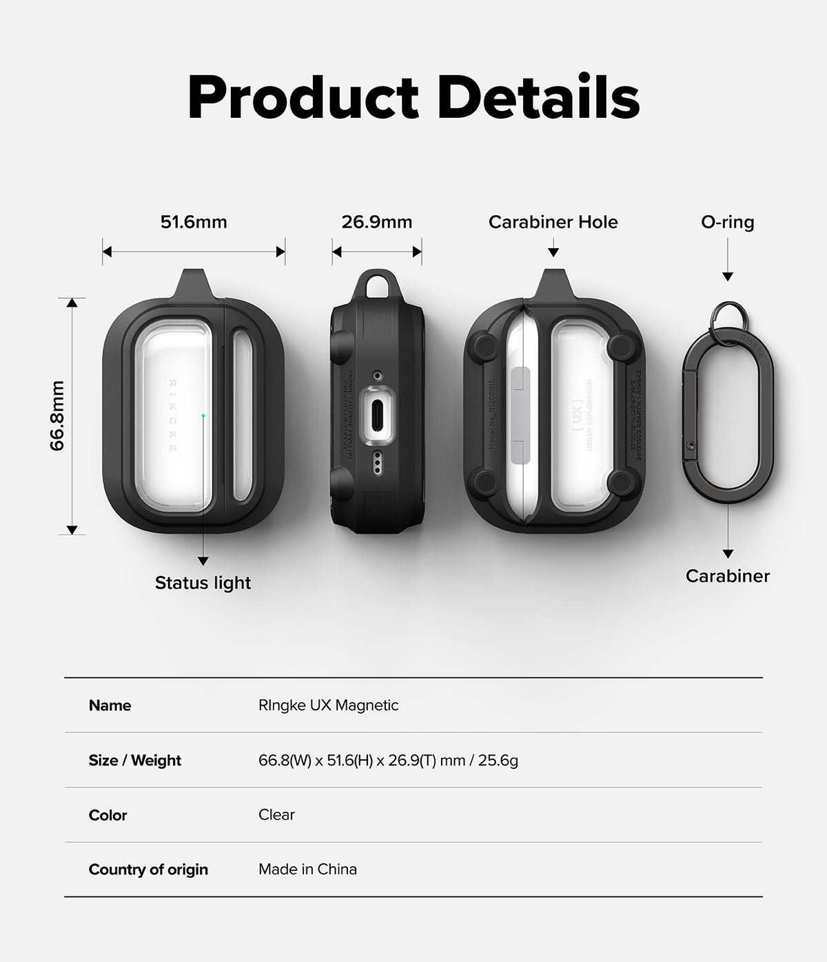 AirPods Pro 3 Case | UX Magnetic - Technical diagram showing case dimensions, components, and product specifications.