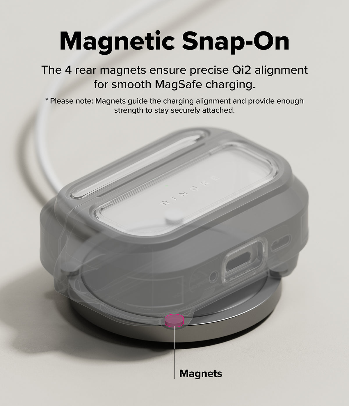 AirPods Pro 3 Case | UX Magnetic - Translucent case on a magnetic charger with a highlighted magnet for alignment.