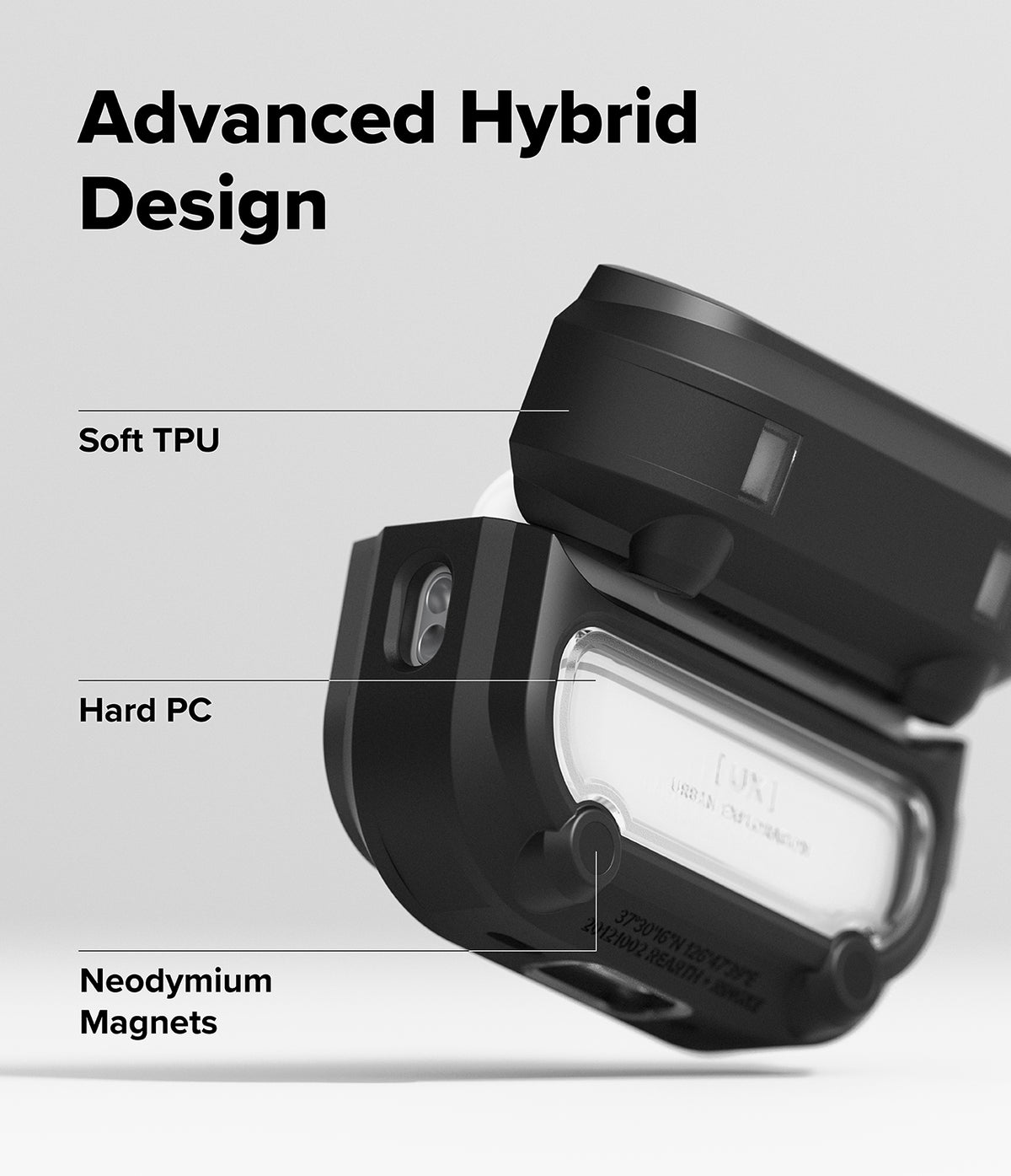 AirPods Pro 3 Case | UX Magnetic - Diagram of a black hybrid case highlighting soft TPU, hard PC, and neodymium magnets.
