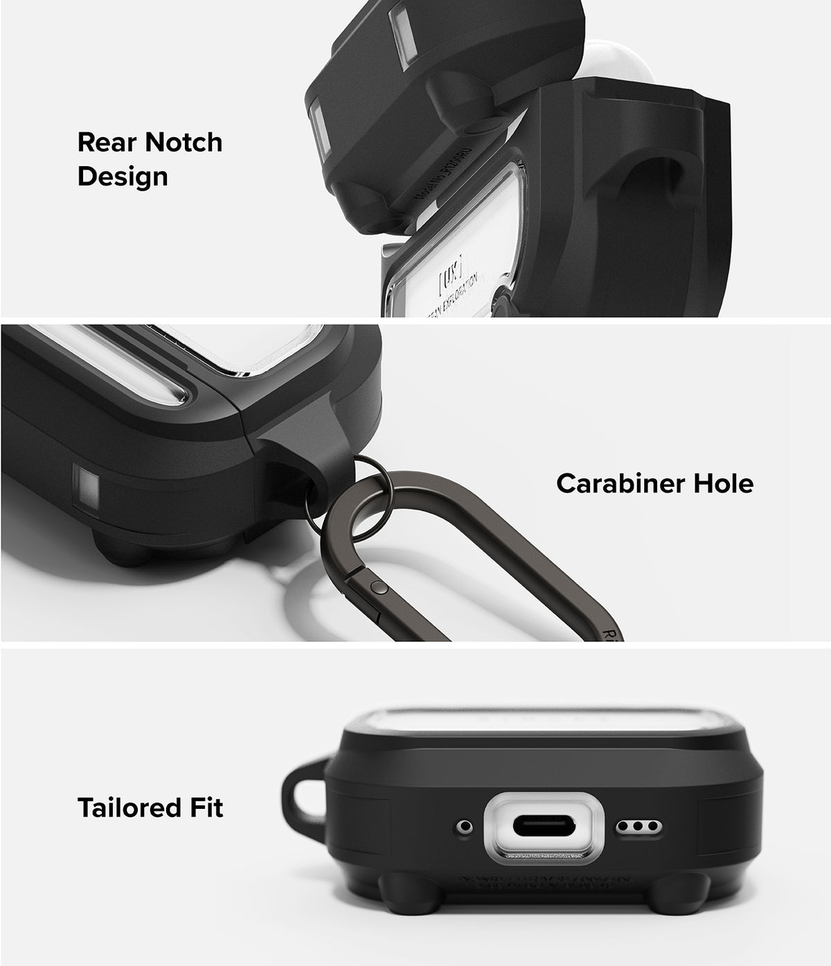 AirPods Pro 3 Case | UX Magnetic - Three-panel view showing rear notch, carabiner attachment, and bottom charging port fit.