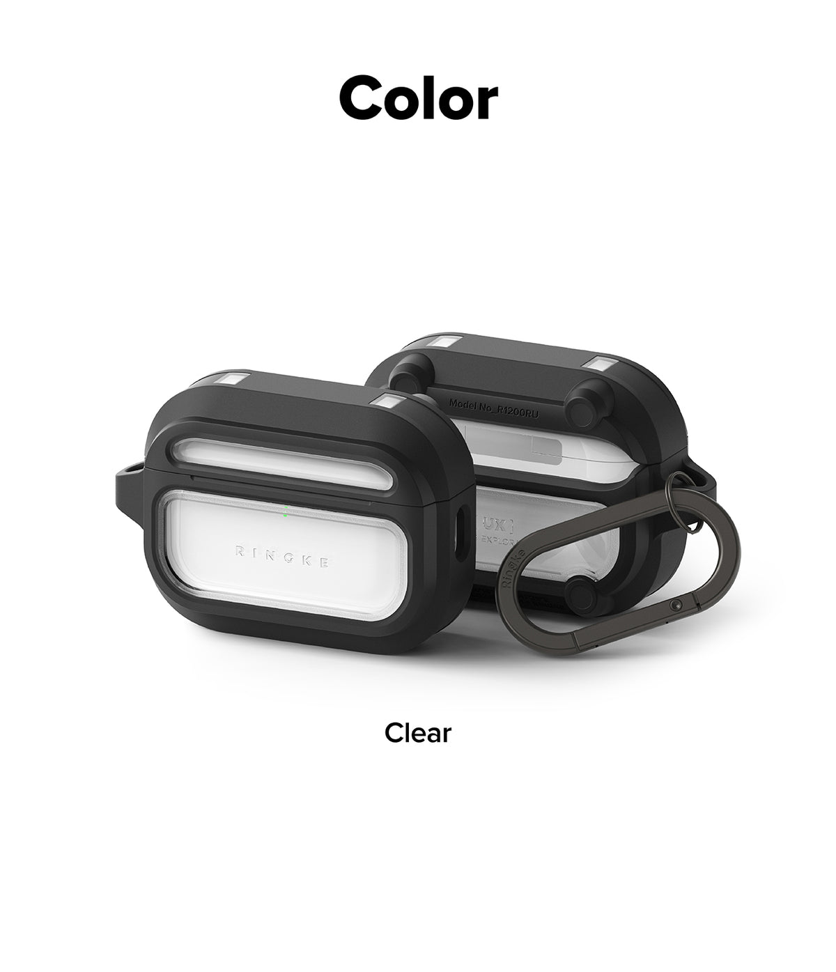 AirPods Pro 3 Case | UX Magnetic - Two black protective cases for AirPods Pro with clear panels and a metal carabiner.