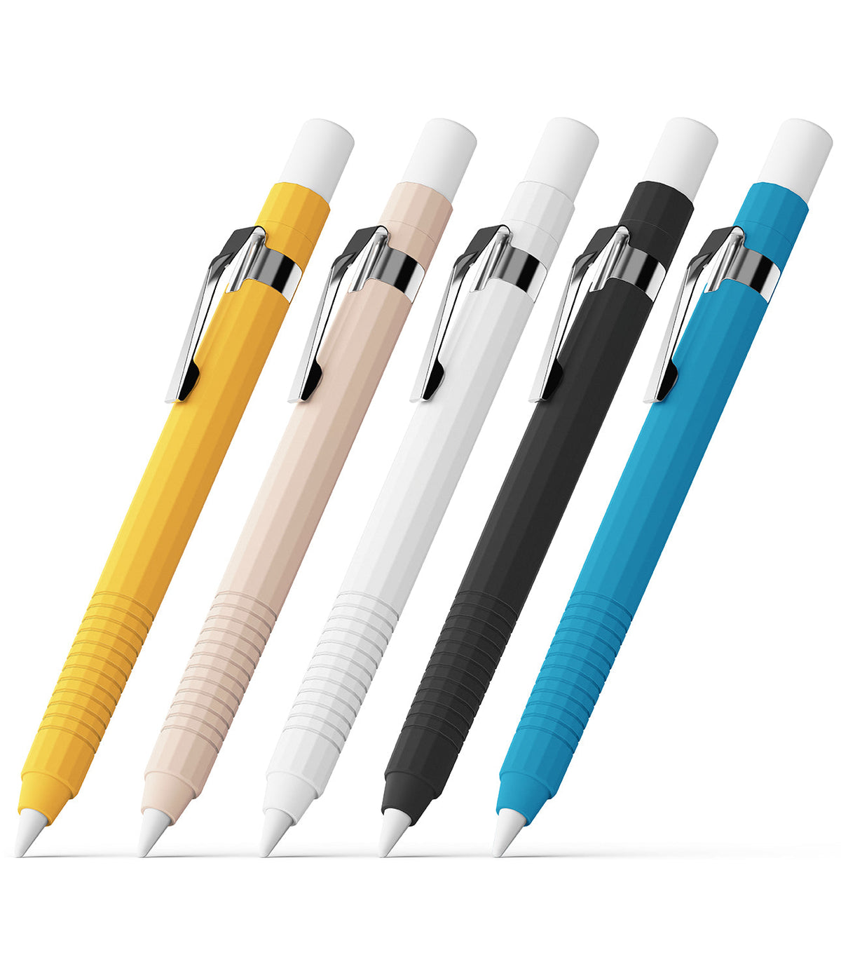Apple Pencil Pro / 2nd Generation Case | Silicone Drafting Pencil Case - Apple Pencil Pro / 2nd Generation Case - Five silicone drafting-style cases in yellow, beige, white, black, and blue.
