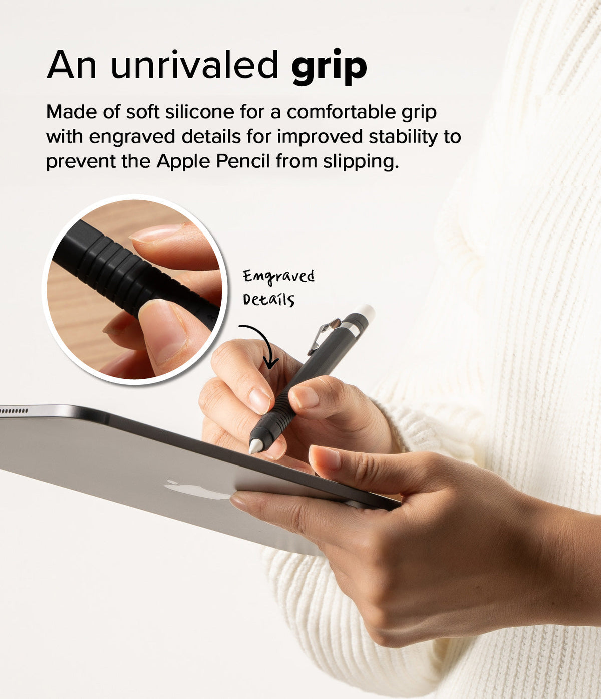Apple Pencil Pro / 2nd Generation Case | Silicone Drafting Pencil Case - Apple Pencil Pro / 2nd Generation Case - Person holding a black silicone pencil case with engraved grip details on a tablet.