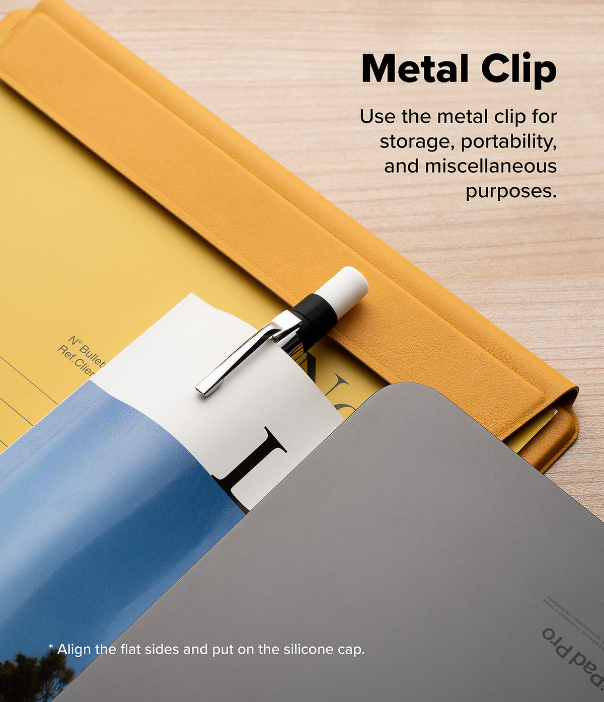 Apple Pencil Pro / 2nd Generation Case | Silicone Drafting Pencil Case - Apple Pencil Pro / 2nd Generation Case - A stylus with a metal clip attached to a document, resting on a yellow folder.