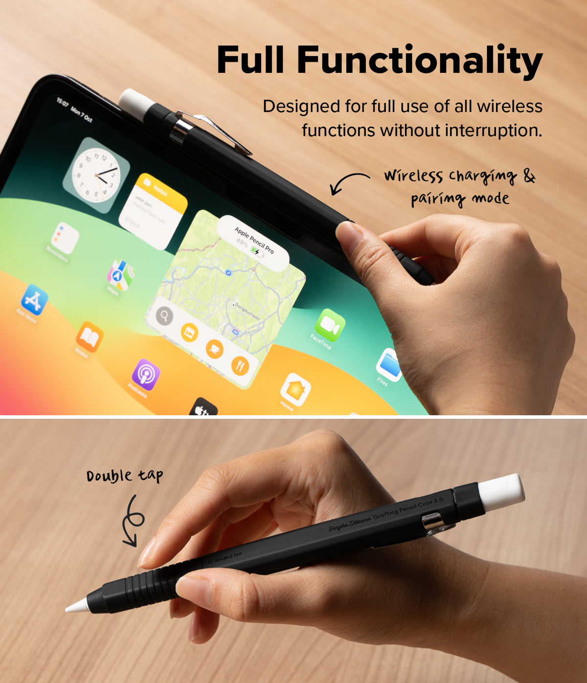 Apple Pencil Pro / 2nd Generation Case | Silicone Drafting Pencil Case - Apple Pencil Pro / 2nd Generation Case - Hand attaching a black silicone case to an iPad and demonstrating double tap.