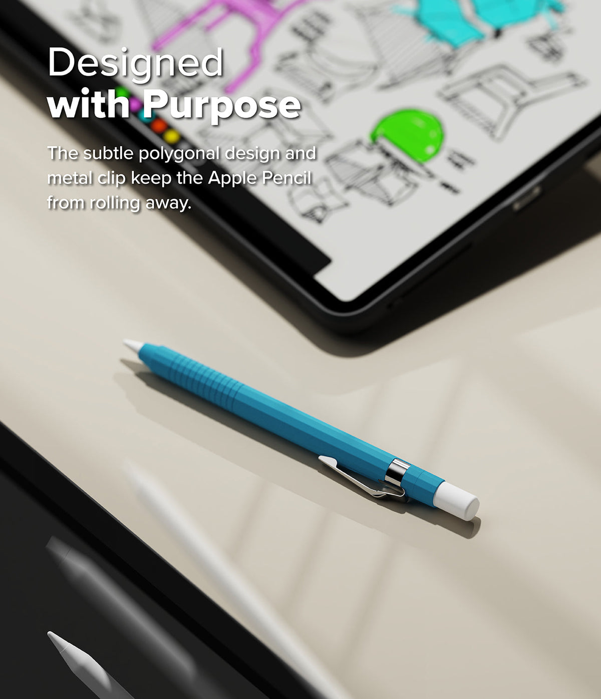 Apple Pencil Pro / 2nd Generation Case | Silicone Drafting Pencil Case - Apple Pencil Pro / 2nd Generation Case - Blue silicone drafting-style case with a metal clip resting on a desk.