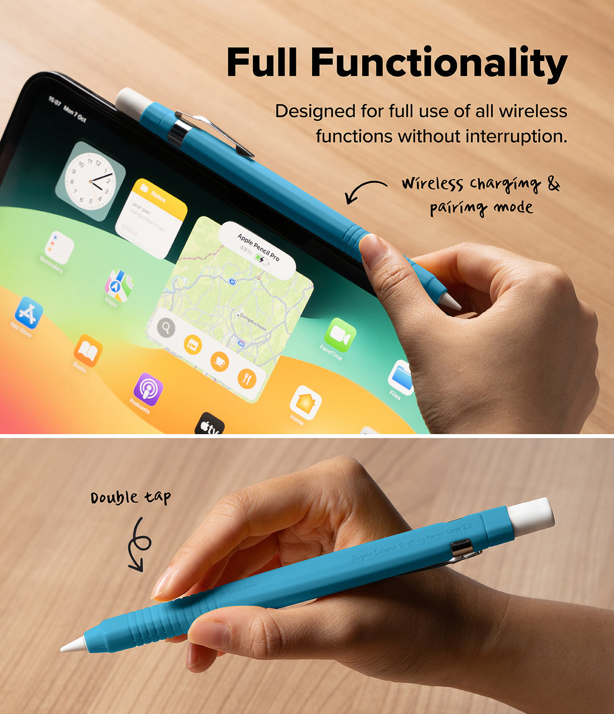 Apple Pencil Pro / 2nd Generation Case | Silicone Drafting Pencil Case - Apple Pencil Pro / 2nd Generation Case - Blue silicone case on an Apple Pencil showing wireless charging and double tap.