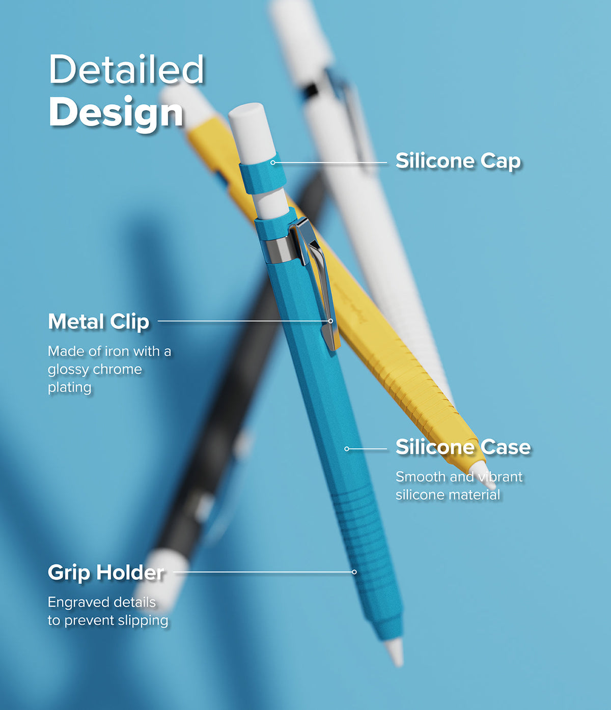Apple Pencil Pro / 2nd Generation Case | Silicone Drafting Pencil Case - Apple Pencil Pro / 2nd Generation Case - Infographic showing silicone drafting cases with metal clips and textured grips.