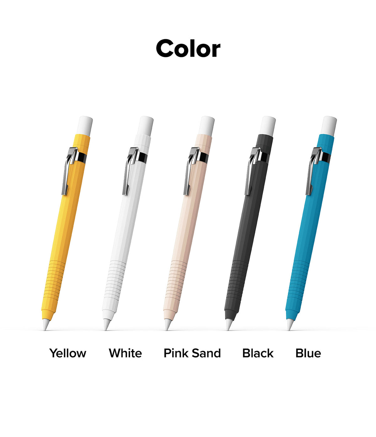 Apple Pencil Pro / 2nd Generation Case | Silicone Drafting Pencil Case - Apple Pencil Pro / 2nd Generation Case - Five silicone drafting-style pencil cases in yellow, white, pink, black, and blue.