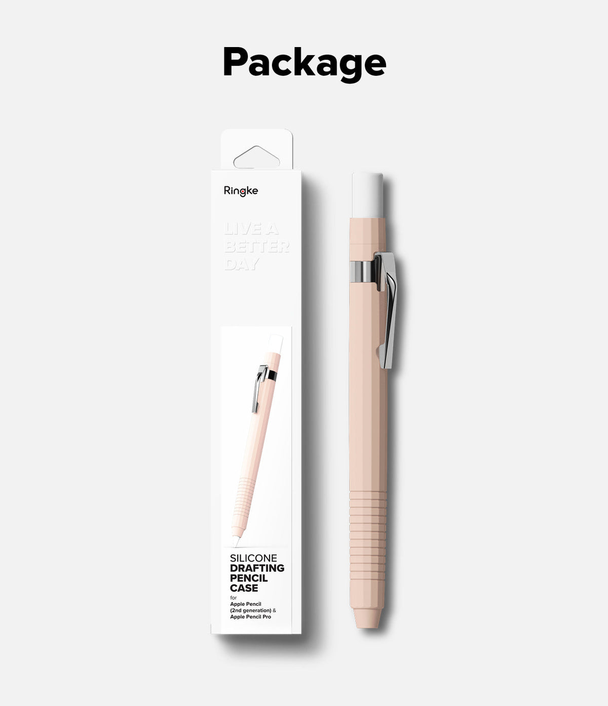 Apple Pencil Pro / 2nd Generation Case | Silicone Drafting Pencil Case - Apple Pencil Pro / 2nd Generation Case - A light pink silicone drafting-style case next to its retail packaging.