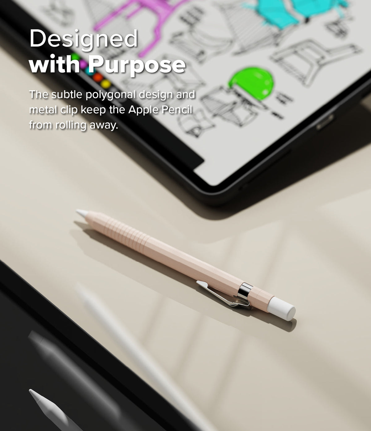 Apple Pencil Pro / 2nd Generation Case | Silicone Drafting Pencil Case - Apple Pencil Pro / 2nd Generation Case - A light pink polygonal silicone case with a metal clip on an Apple Pencil.