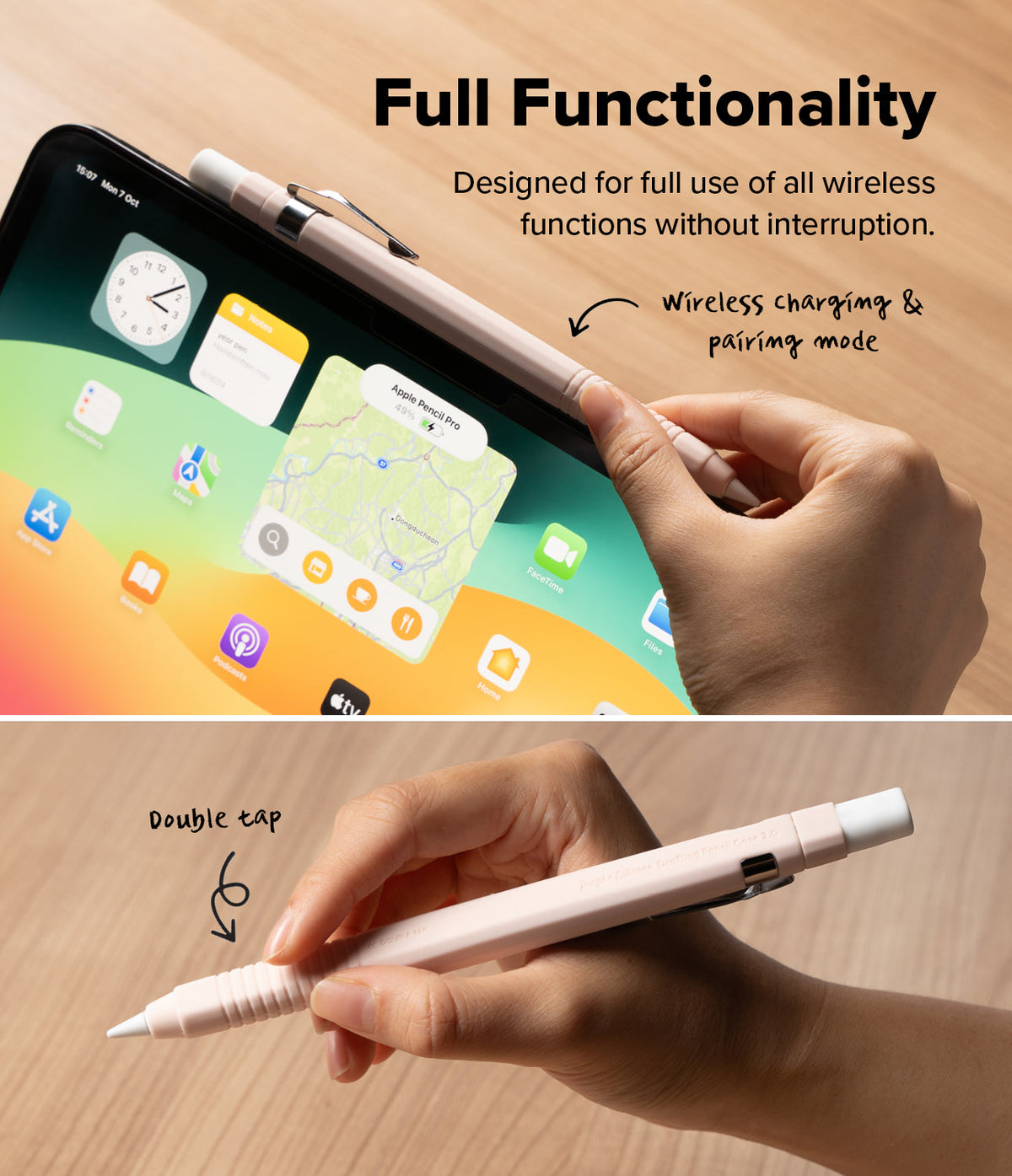 Apple Pencil Pro / 2nd Generation Case | Silicone Drafting Pencil Case - Apple Pencil Pro / 2nd Generation Case - Silicone case on Apple Pencil showing wireless charging and double-tap features.