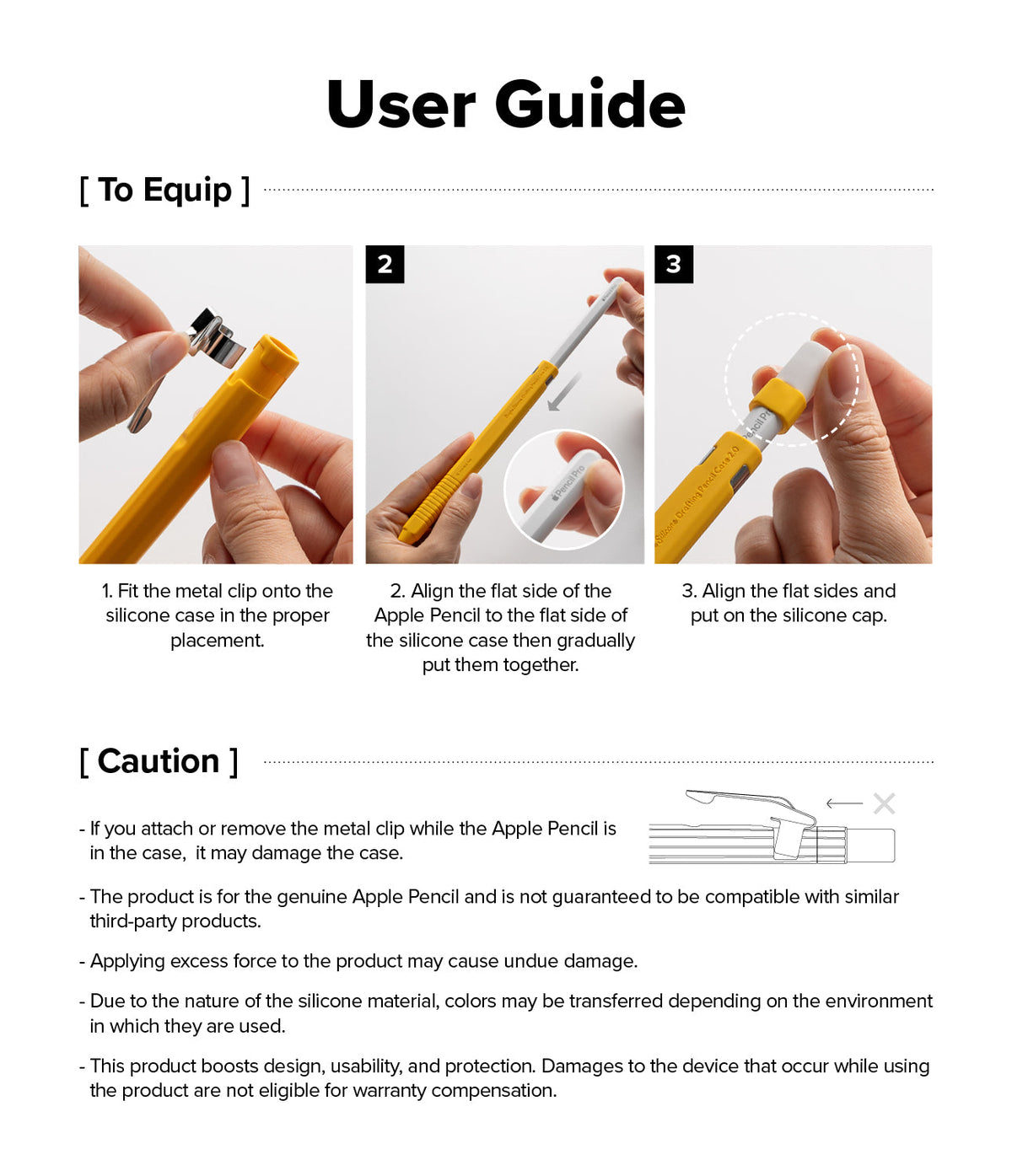 Apple Pencil Pro / 2nd Generation Case | Silicone Drafting Pencil Case - Apple Pencil Pro / 2nd Generation Case - Three-step instructional guide for installing a silicone case and metal clip.