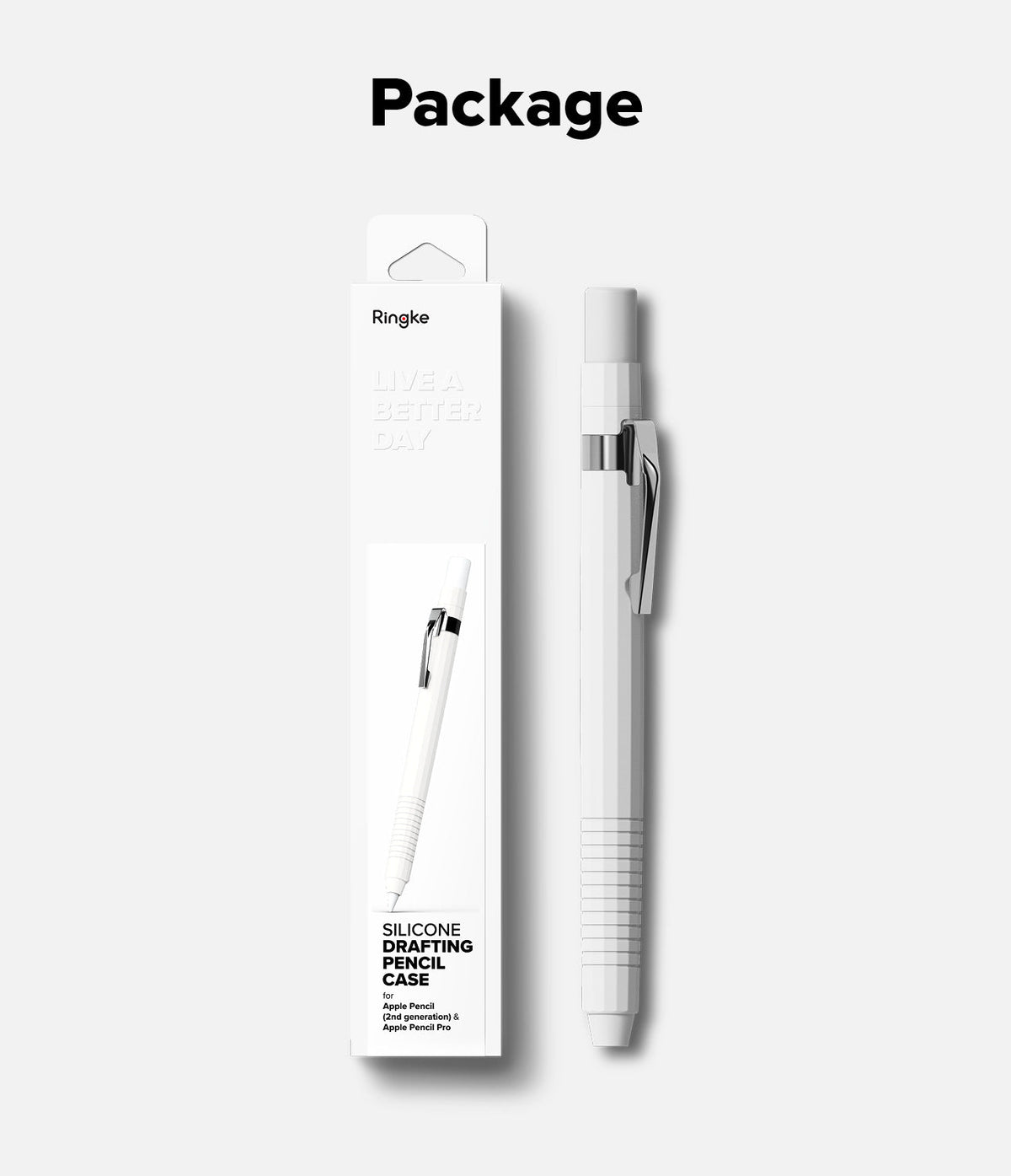 Apple Pencil Pro / 2nd Generation Case | Silicone Drafting Pencil Case - Apple Pencil Pro / 2nd Generation Case - White silicone drafting pencil case with metal clip next to its retail box.