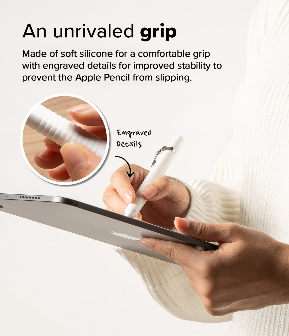Apple Pencil Pro / 2nd Generation Case | Silicone Drafting Pencil Case - Apple Pencil Pro / 2nd Generation Case - Hand holding an Apple Pencil with a textured silicone grip writing on a tablet.